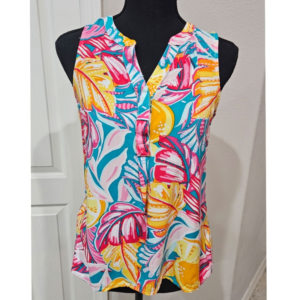 CROWN & IVY Palm Leaf Summer Vibrant Sleeveless Blouse Size XS